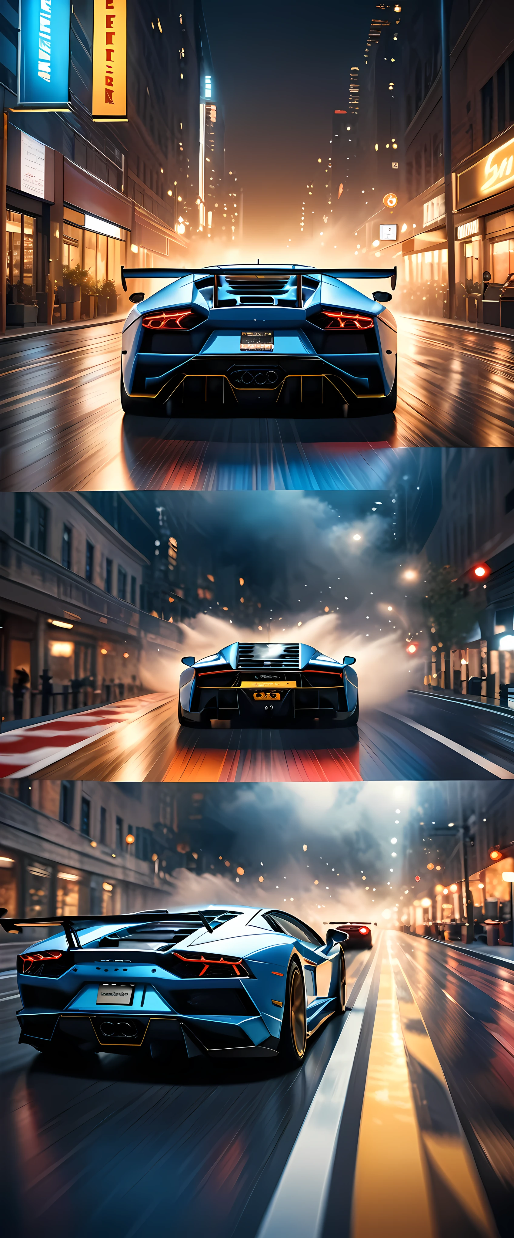 ((Masterpiece in maximum 16K resolution):1.6),((soft_color_photograpy:)1.5), ((Ultra-Detailed):1.4),((Movie-like still images and dynamic angles):1.3), ((motion blur):1.1) | (Cinematic backview photo of a speeding Lamborghini race car), (street race), (cinematic lens), ((tyndall effect):1.1), (Street light), (smoke), (super car), ((backview):1.2), (Night at City Street), (sense of speed), (shimmer), (visual experience), (Realism), (Realistic), award-winning graphics, dark shot, film grain, extremely detailed, Digital Art, rtx, Unreal Engine, scene concept anti glare effect, All captured with sharp focus. | Rendered in ultra-high definition with UHD and retina quality, this masterpiece ensures anatomical correctness and textured skin with super detail. With a focus on high quality and accuracy, this award-winning portrayal captures every nuance in stunning 16k resolution, immersing viewers in its lifelike depiction. Avoid extreme angles or exaggerated expressions to maintain realism. | ((perfect_composition, perfect_design, perfect_layout, perfect_detail, ultra_detailed)), ((enhance_all, fix_everything)), More Detail, Enhance.