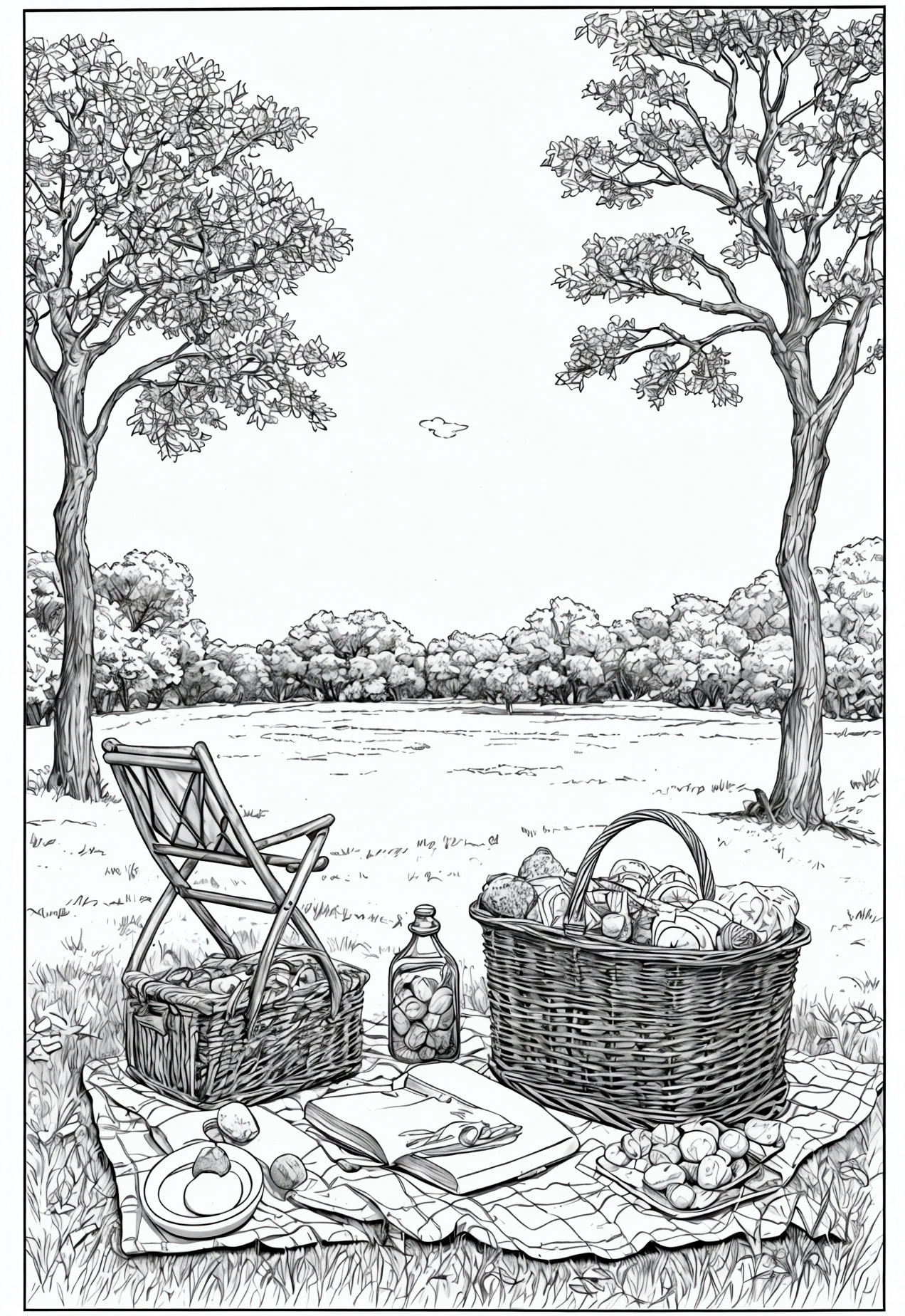 grey and white only, Book page coloring art, All-white background, Use only outlines, line art, coloring book, Clean line art, For coloring Simple and clean line art, coloring book page, perfect details, Country Picnic: A cozy picnic scene with a blanket spread out on the grass, a wicker basket filled with food, a couple of trees providing shade, and a nearby brook.