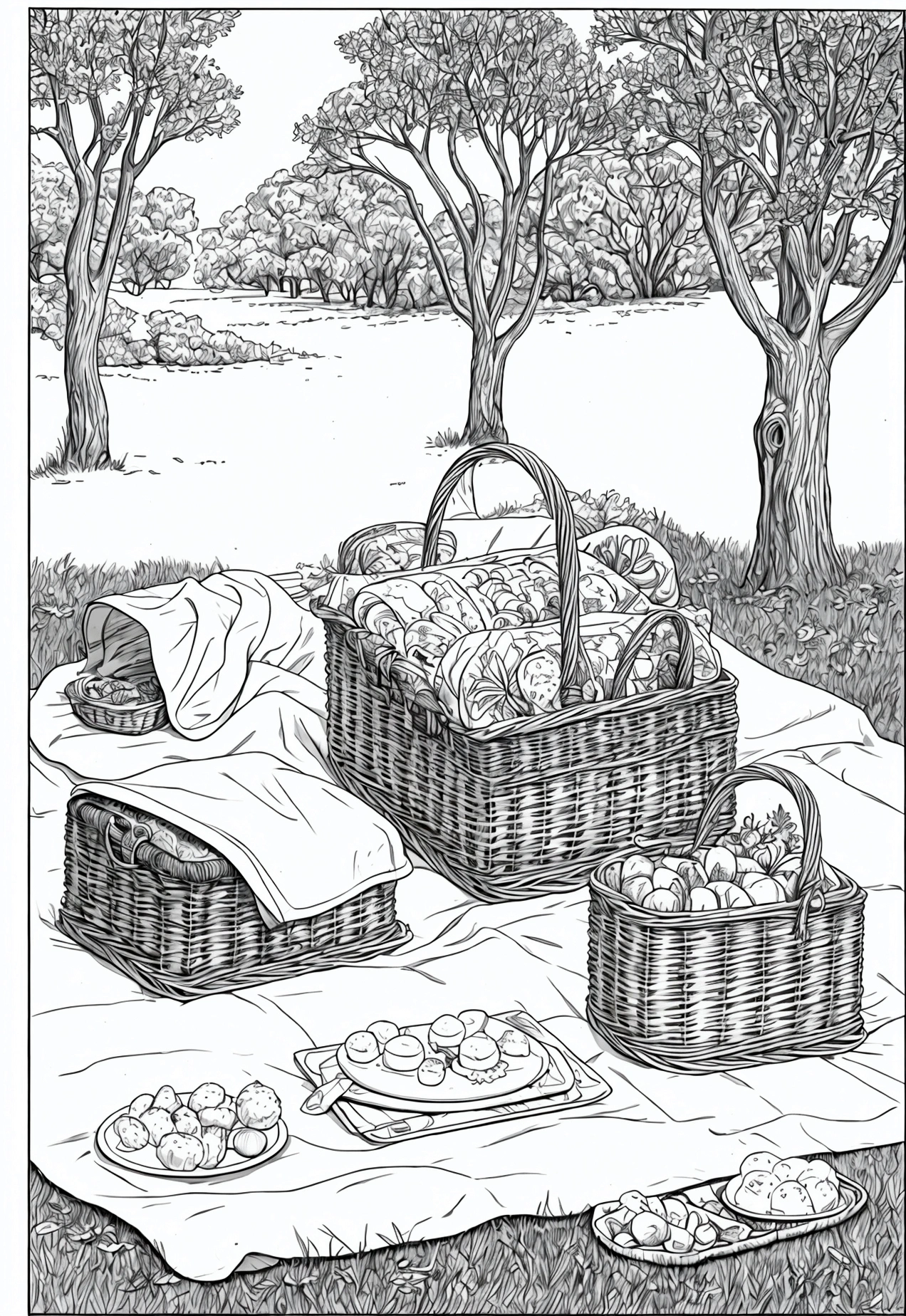 grey and white only, Book page coloring art, All-white background, Use only outlines, line art, coloring book, Clean line art, For coloring Simple and clean line art, coloring book page, perfect details, Country Picnic: A cozy picnic scene with a blanket spread out on the grass, a wicker basket filled with food, a couple of trees providing shade, and a nearby brook.