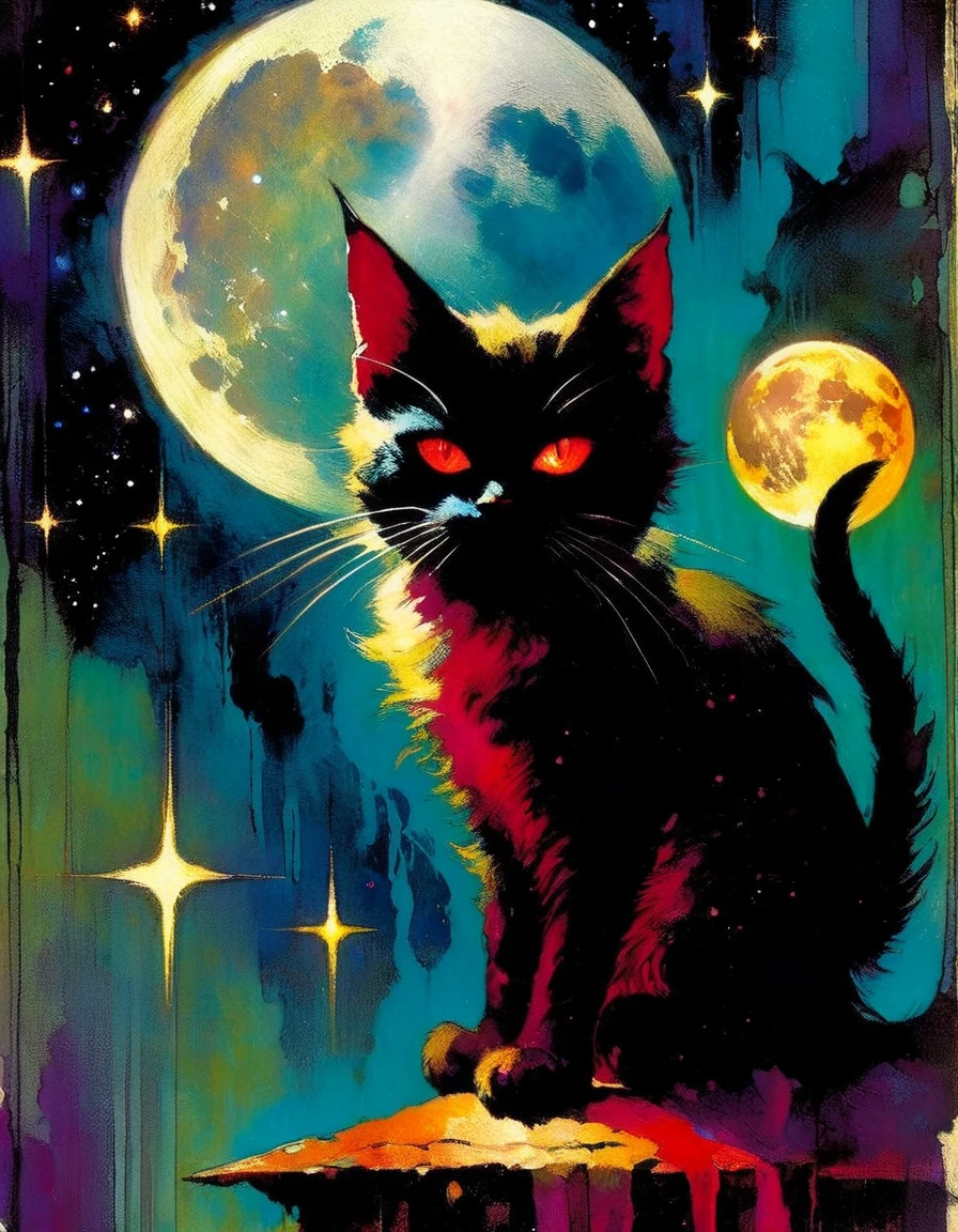 tarot card: the satanic and evil cat, horror tones, moon and stars(inspirational art by Bill Sienkiewicz, oil painting, brush stroke details that enhance depth)
