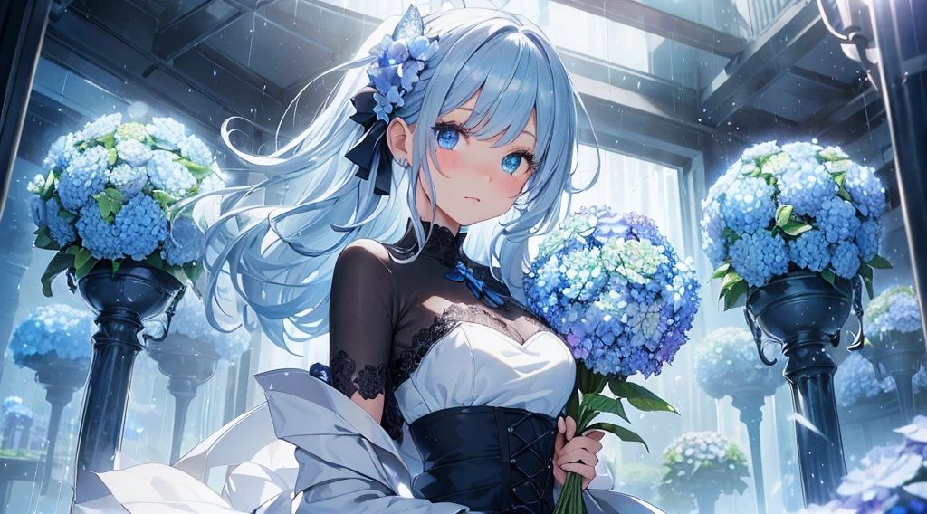 Best quality、Photorealistic、Ultra-detailed、delicate、Orderly、High Detail、Bluish Silver Short Bob、(Drooping heterochromia iris,glowing eyes、Sparkling Eyes:1.3)、slender、(One girl:1.2)、(Blue hydrangea、A girl holding a bouquet of hydrangeas、Girl in a dress、Girl wearing a coat:1.3)、rain、wet,Hair swaying in the wind、