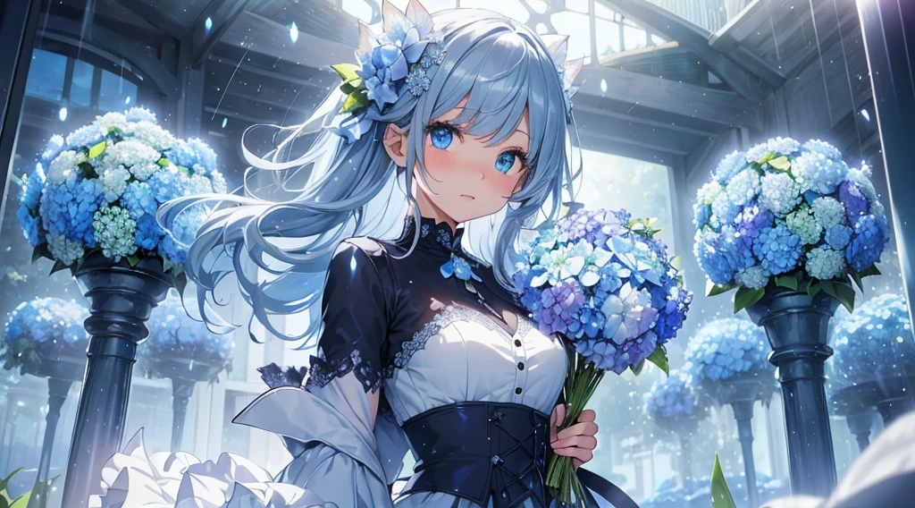 Best quality、Photorealistic、Ultra-detailed、delicate、Orderly、High Detail、Bluish Silver Short Bob、(Drooping heterochromia iris,glowing eyes、Sparkling Eyes:1.3)、slender、(One girl:1.2)、(Blue hydrangea、A girl holding a bouquet of hydrangeas、Girl in a dress、Girl wearing a coat:1.3)、rain、wet,Hair swaying in the wind、