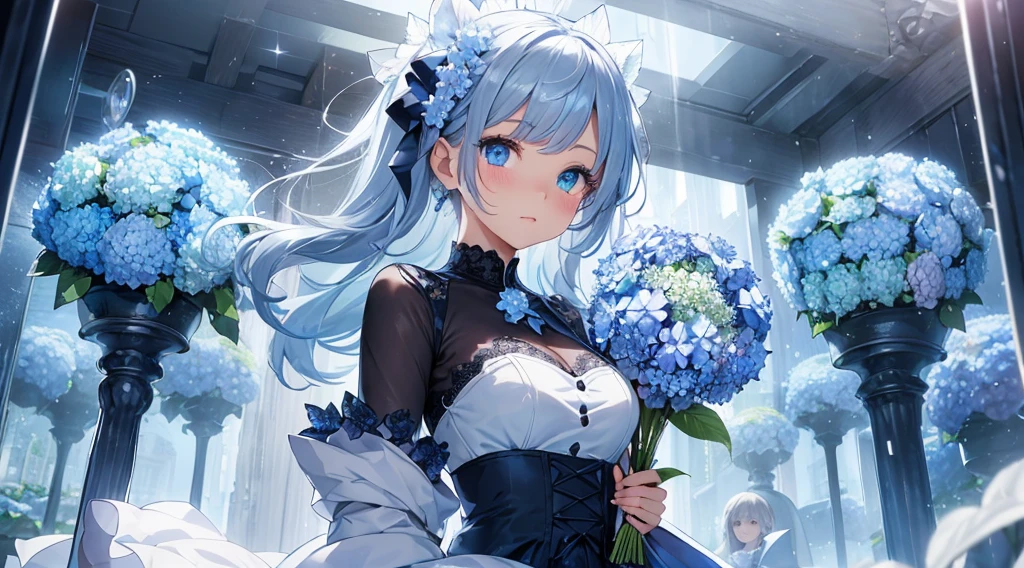 Best quality、Photorealistic、Ultra-detailed、delicate、Orderly、High Detail、Bluish Silver Short Bob、(Drooping heterochromia iris,glowing eyes、Sparkling Eyes:1.3)、slender、(One girl:1.2)、(Blue hydrangea、A girl holding a bouquet of hydrangeas、Girl in a dress、Girl wearing a coat:1.3)、rain、wet,Hair swaying in the wind、