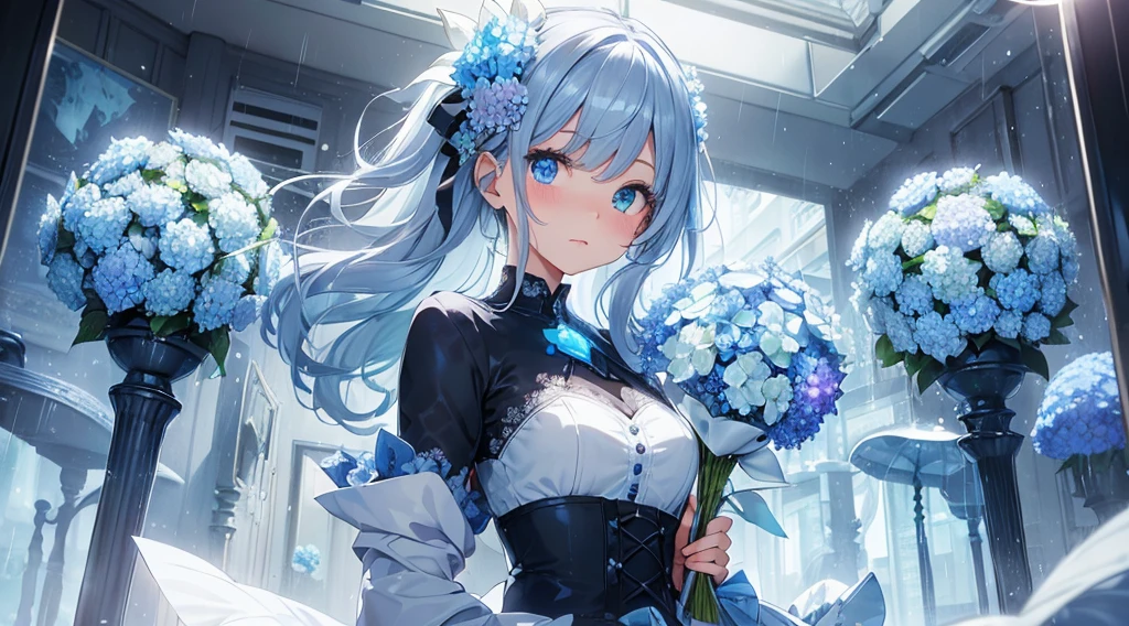 Best quality、Photorealistic、Ultra-detailed、delicate、Orderly、High Detail、Bluish Silver Short Bob、(Drooping heterochromia iris,glowing eyes、Sparkling Eyes:1.3)、slender、(One girl:1.2)、(Blue hydrangea、A girl holding a bouquet of hydrangeas、Girl in a dress、Girl wearing a coat:1.3)、rain、wet,Hair swaying in the wind、