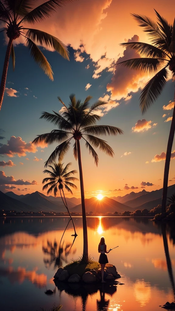 Palm tree in a reflective lake, sunset, mountains, ultra realistic, clouds in sky orange by sun, cinematic painting

woman smoking marijuana,woman smoking marijuana