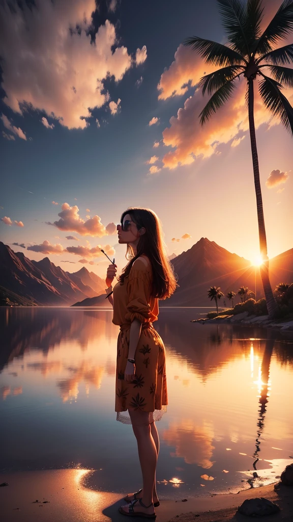 Palm tree in a reflective lake, sunset, mountains, ultra realistic, clouds in sky orange by sun, cinematic painting
woman smoking marijuana,woman smoking marijuana