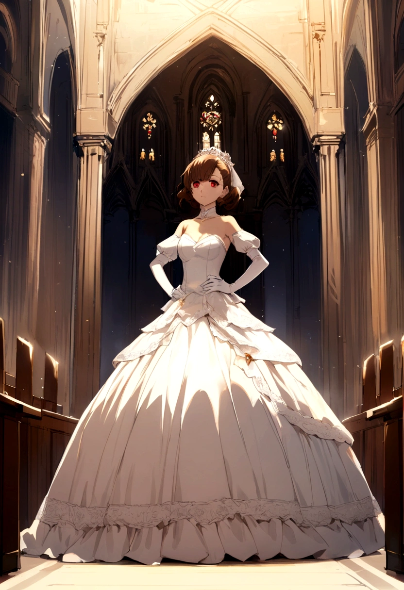 ((masterpiece, highest quality))
Persona 3 Kotone Shiomi, One girl, alone, Brown Hair, Red eyes, Wearing a beautiful wedding dress, Bridal Veil, Inside a beautiful church, Hands on your hips