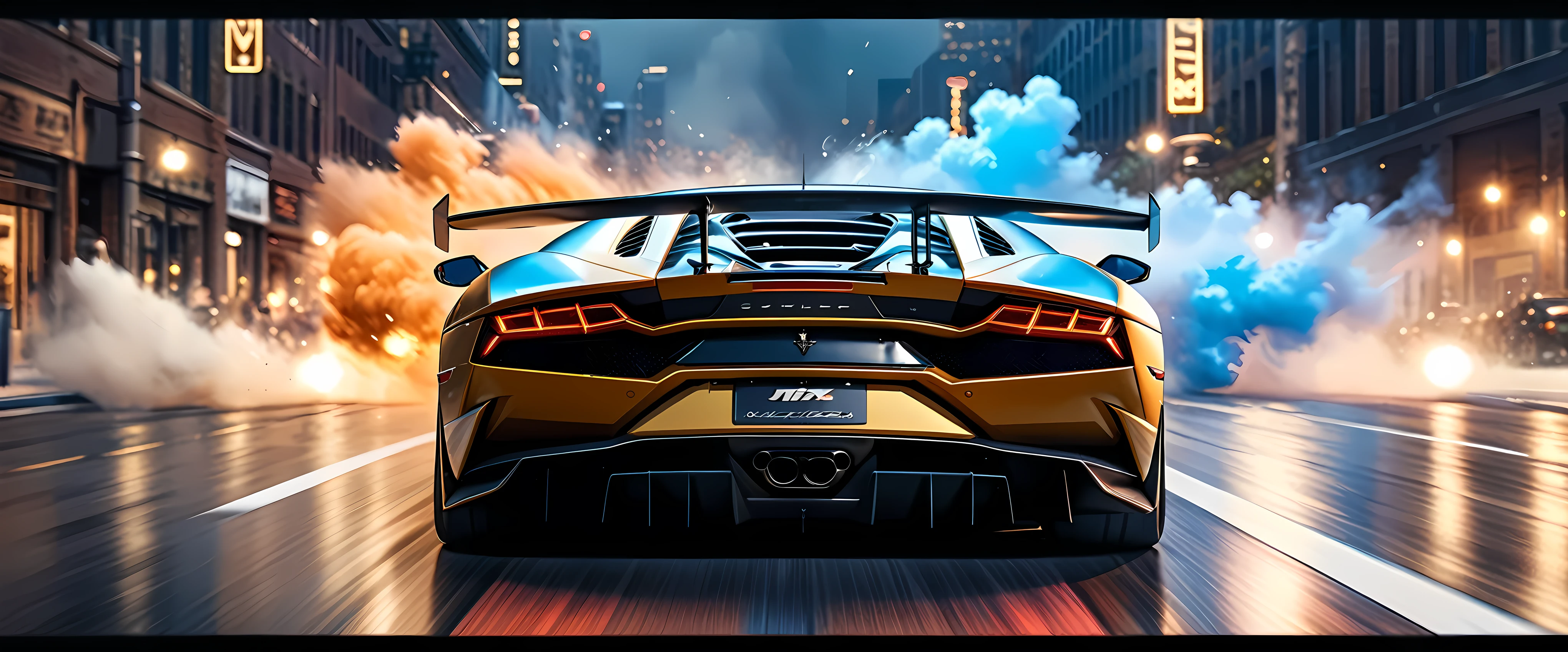 ((Masterpiece in maximum 16K resolution):1.6),((soft_color_photograpy:)1.5), ((Ultra-Detailed):1.4),((Movie-like still images and dynamic angles):1.3), ((motion blur):1.1) | (Cinematic backview photo of a speeding Lamborghini race car), (street race), (cinematic lens), ((tyndall effect):1.1), (Street light), (smoke), (super car), ((backview):1.2), (Night at City Street), (sense of speed), (shimmer), (visual experience), (Realism), (Realistic), award-winning graphics, dark shot, film grain, extremely detailed, Digital Art, rtx, Unreal Engine, scene concept anti glare effect, All captured with sharp focus. | Rendered in ultra-high definition with UHD and retina quality, this masterpiece ensures anatomical correctness and textured skin with super detail. With a focus on high quality and accuracy, this award-winning portrayal captures every nuance in stunning 16k resolution, immersing viewers in its lifelike depiction. Avoid extreme angles or exaggerated expressions to maintain realism. | ((perfect_composition, perfect_design, perfect_layout, perfect_detail, ultra_detailed)), ((enhance_all, fix_everything)), More Detail, Enhance.
