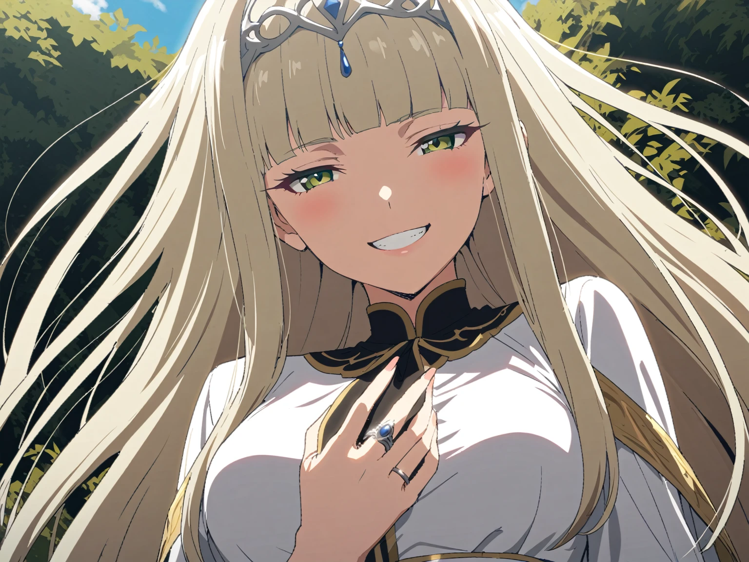 {{upper body, hand focus, dutch angle}} {{Artist: Sincos}} 1 woman, solo, mature female, elegant, princess, medium breasts, platinum blonde hair, long hair, straight hair, hime cut, green eyes, white dress, gold trim, tiara, looking at viewer, bright smile, teeth, half-closed eyes, presenting hand, ring in hand, outdoors, garden, sunny, medieval fantasy.