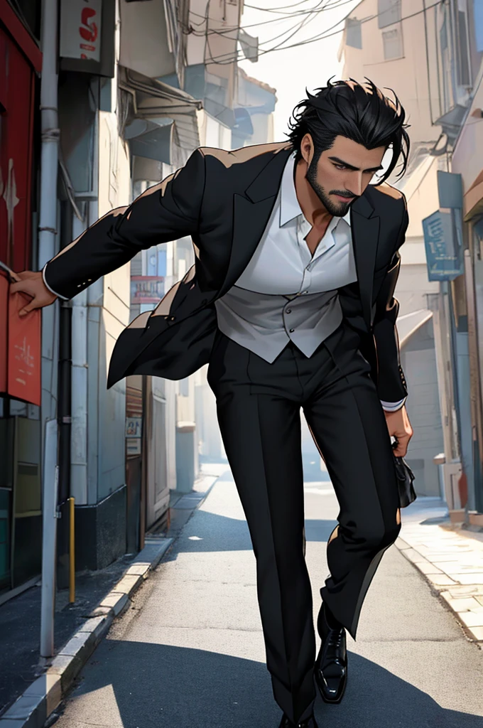 Tall male, mid thirties, athketic build, handsome, gentleman, Turkish man, dark suit with white shirt, ultra detail, 8 k, realistic anime style photo, rugged face, handsome face, black hair, short hair, photo, solo shot, full body shot, cinematic light, cinematic color, social, remarkable, mysterious