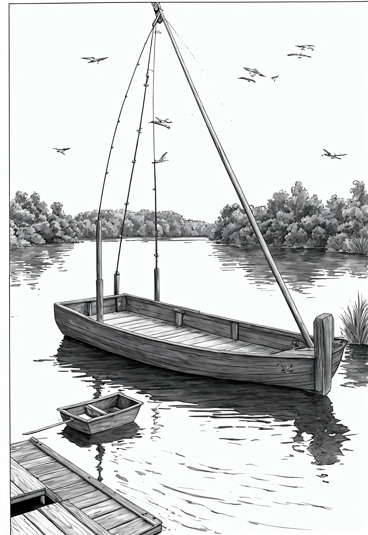 grey and white only, Book page coloring art, All-white background, Use only outlines, line art, coloring book, Clean line art, For coloring Simple and clean line art, coloring book page, perfect details, Fishing Dock: A peaceful fishing dock extending into a calm lake, with a rowboat tied to the dock, fishing rods leaning against a post, and fish swimming near the surface.