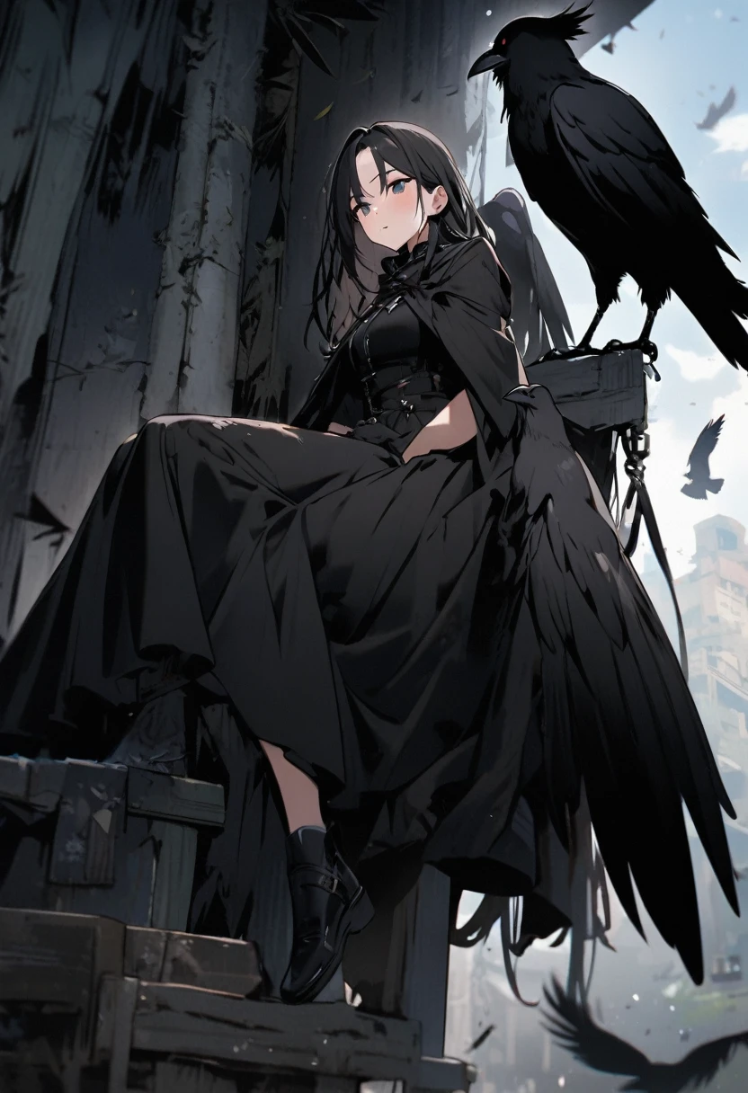 Crow, Perched on the girl's shoulder, masterpiece, best quality, insanely detailed, Full-HD, 16K, absurdres, dynamic angle, gigantic scale, golden ratio, lens flare, pinhole camera, in focus with blurred background