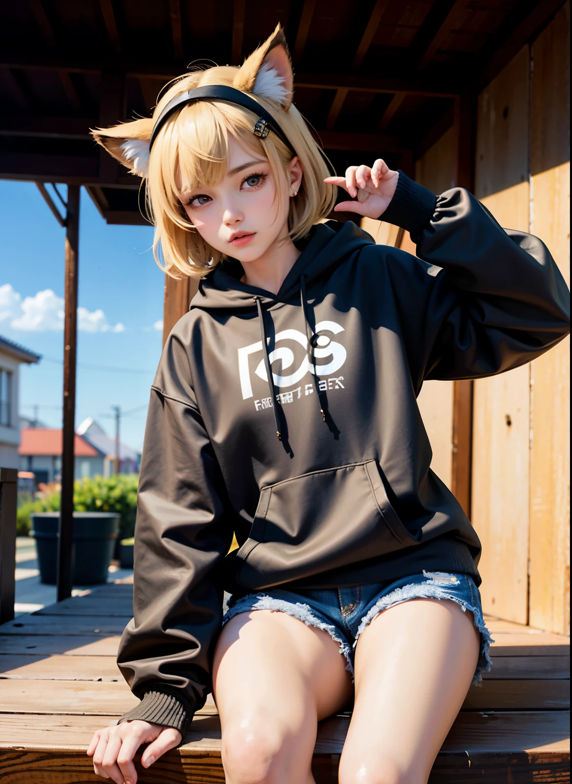 18 YEAERS OLD, 168 cm height, young girl, (masterpiece), (highest quality), (illustration), (super detailed), (high resolution), absurdity, one girl, short hair, hair clip, (oversized hoodie with cat ears), black hooduie, wearing a hoodie hat, moe sleeves, blush, black shorts, (blonde), very cute girl, small, young, delicate, Outdoors, attention to girls