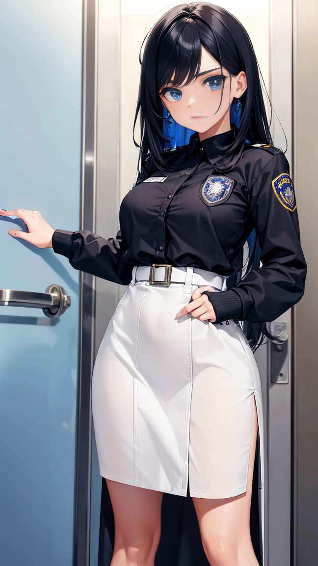 1 mujer, pelo negro, pupilas azules, cara delicada, lindo, pendientes de amor, Vestido blanco, standing at the door of the police station, playful, Ultra High Definition, obra maestra, mejor calidad, Super detail, preciso