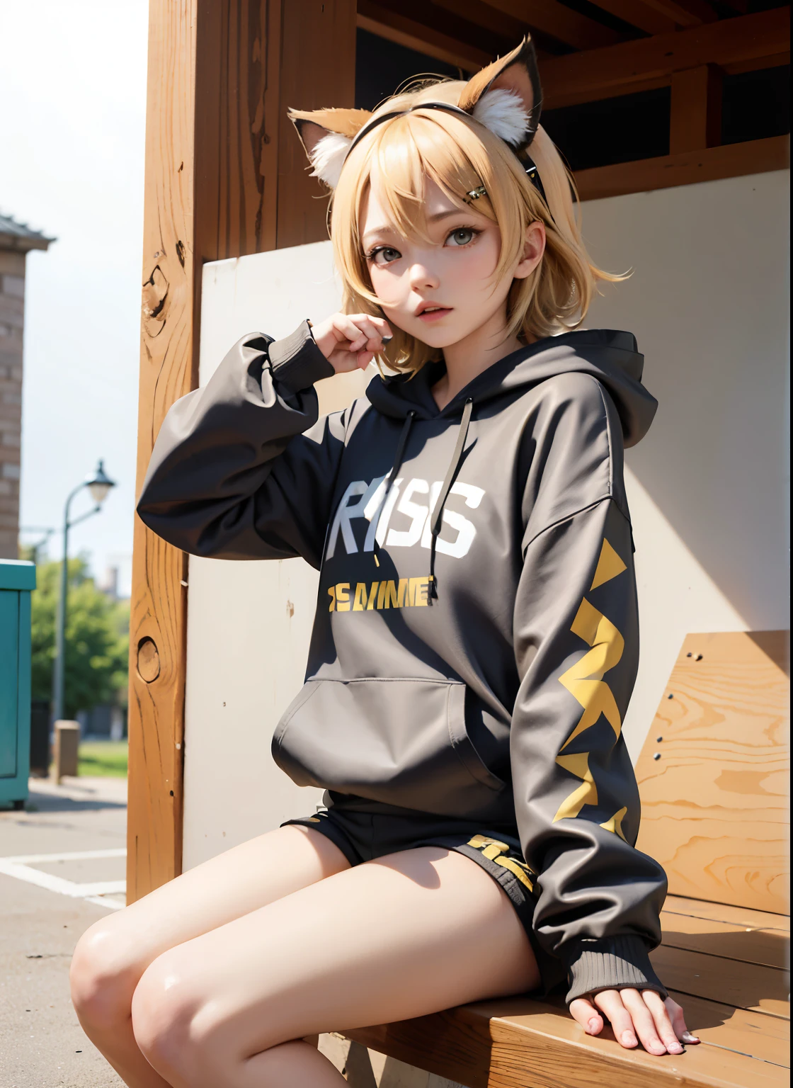 (masterpiece), (highest quality), (illustration), (super detailed), (high resolution), absurdity, one girl, (kagamine-rin), (vocaloid), short hair, hair clip, (oversized hoodie with cat ears), wearing a hoodie hat, moe sleeves, blush, black shorts, (blonde), very cute girl, small, young, delicate, Outdoors, attention to girls