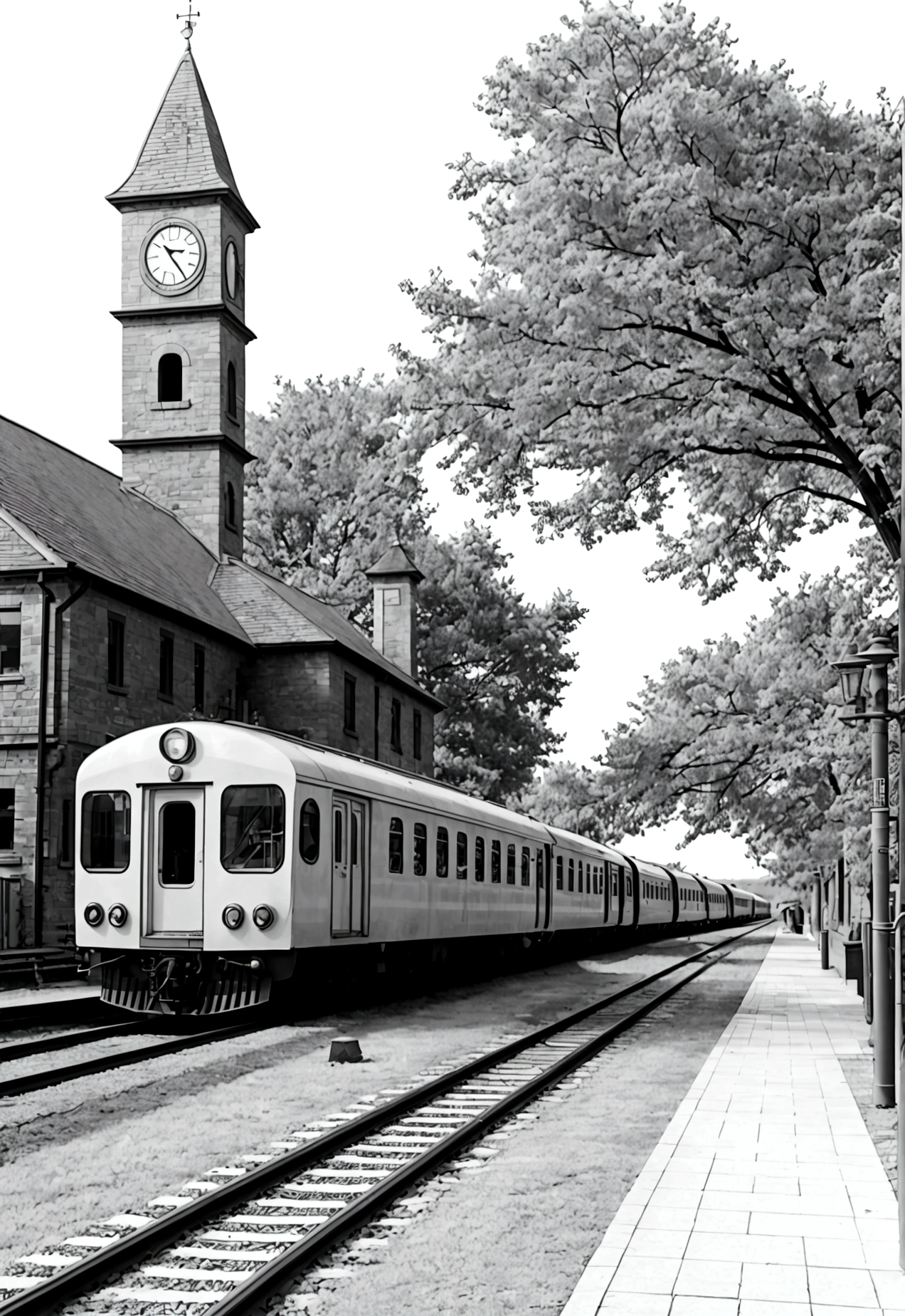 grey and white only, Book page coloring art, All-white background, Use only outlines, line art, coloring book, Clean line art, For coloring Simple and clean line art, coloring book page, perfect details, Countryside Train Station: A charming countryside train station with an old-fashioned train parked on the tracks, a station building with a clock tower, and passengers waiting with luggage.