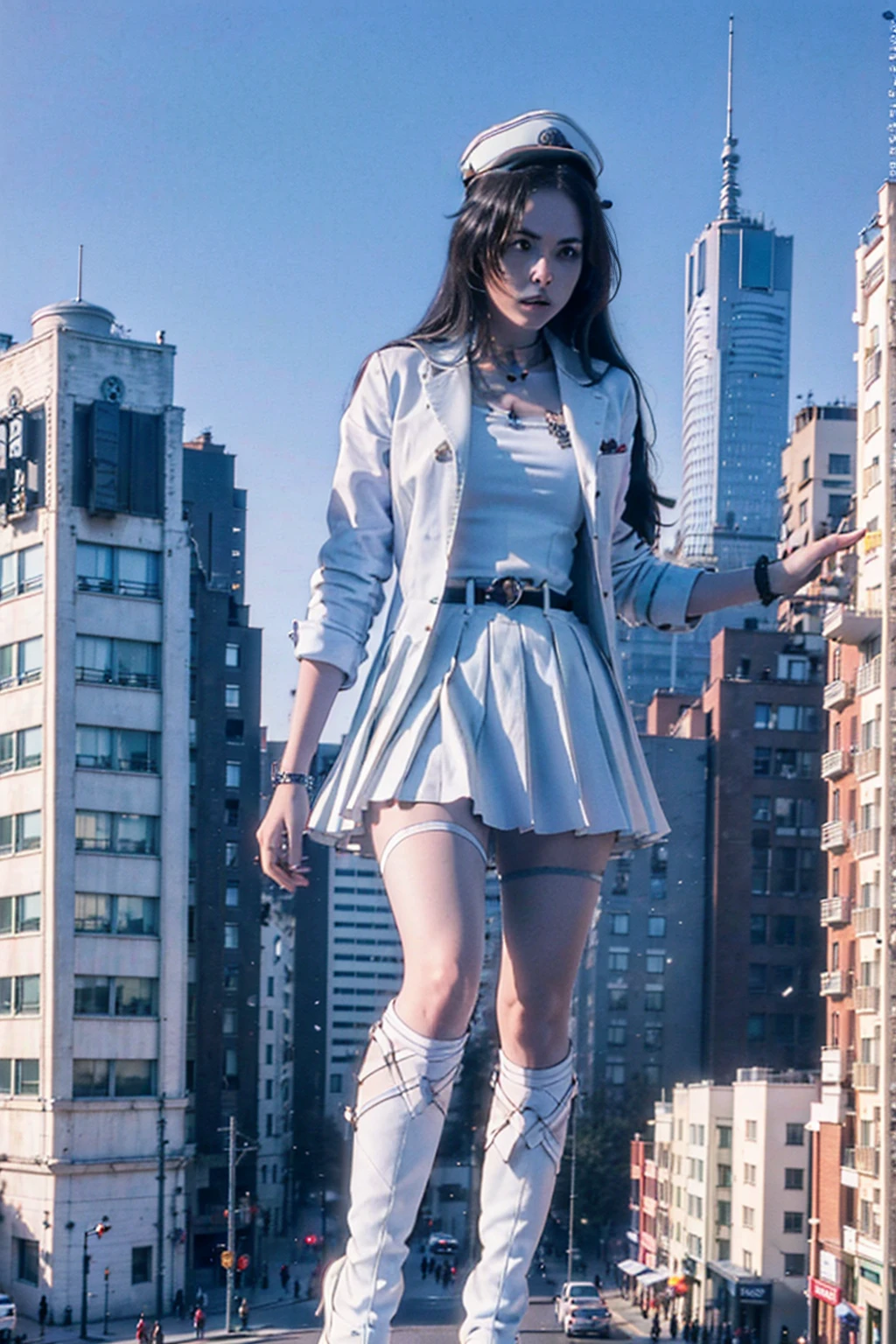 Girl taller than the building,from below, round and large eyes、tallgts,giantess,Full body photo,BuildingSeat, white uniform,Big breasts,pencil skirts,,white boots,cleveage of the breast、a miniskirt、Modern miniature buildings、top-quality、Watercolor style、stomping