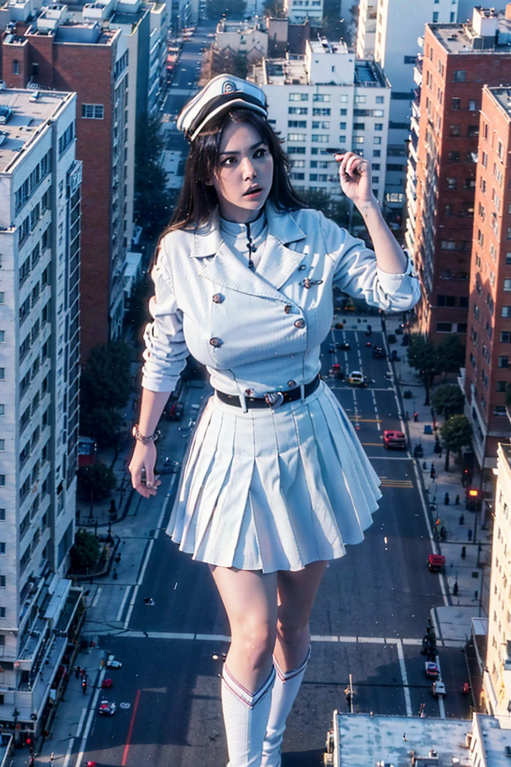 Giant maiden,der riese、Girl taller than the building,from below, round and large eyes、tallgts,giantess,Full body photo,BuildingSeat, white uniform,Big breasts,pencil skirts,,white boots,cleveage of the breast、a miniskirt、Modern miniature buildings、top-quality、Watercolor style、stom'