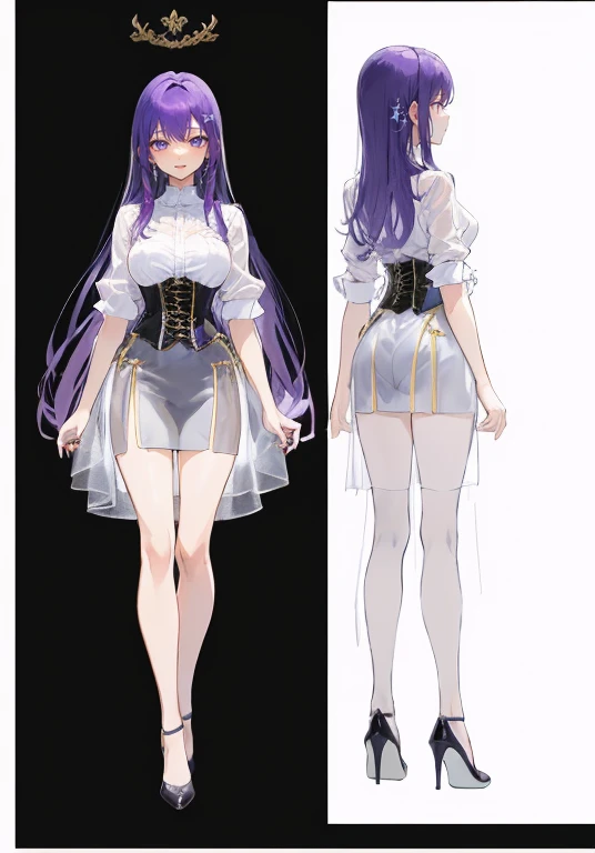 Purple hair,voluminous long hair,Adult female,(suit),See-through shirt,See-through tops,((Roll up your sleeves)),(Corset),(Tight skirt),(high heels),The heel is visible,((Simple White background)),Smile,((Full body)),((whole body)),Character Sheet,