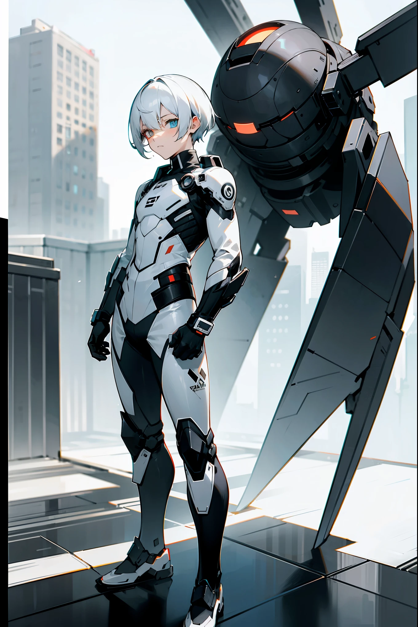 1male, two toned hair, black and white hair, split colored hair, expressionless, heterochromia, black and white full combat suit, city background, standing on path, hands to side