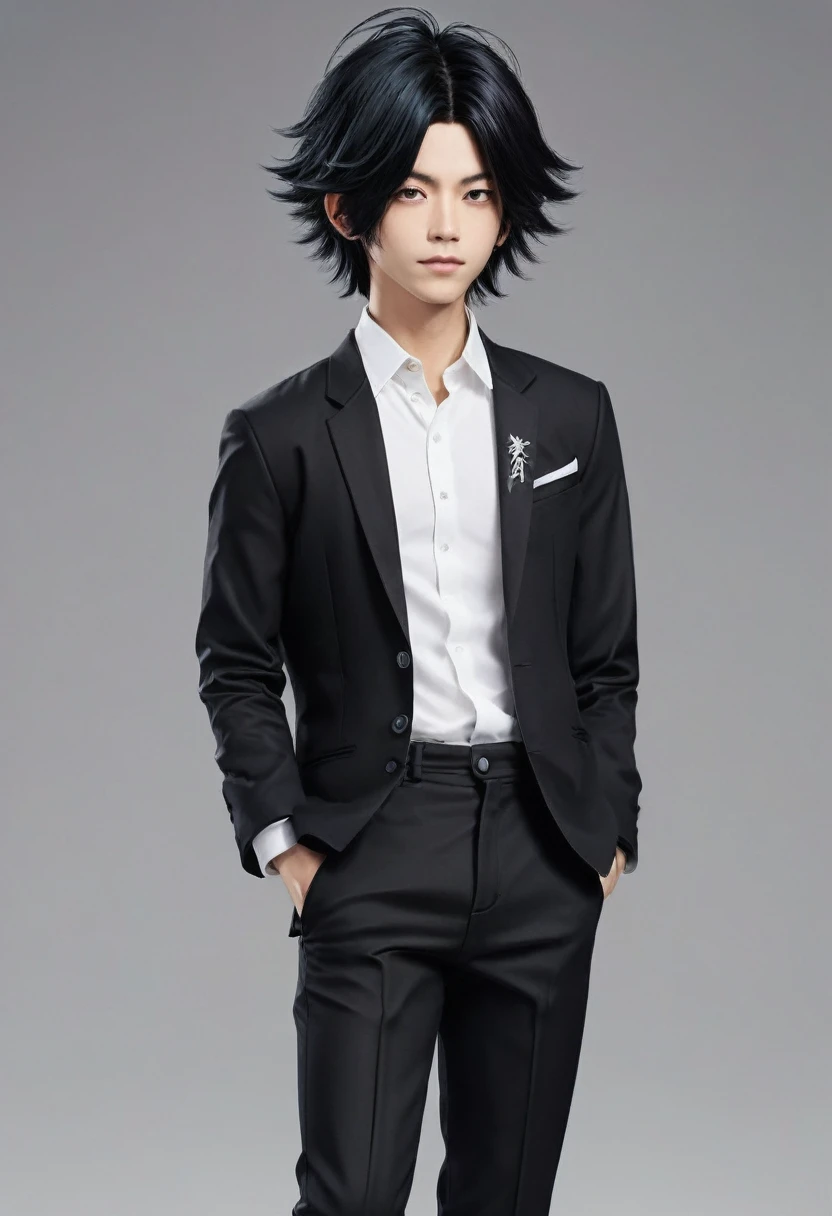 Japanese boy Toya todoroki style, de roupa preta, cabelo preto liso, pelo realista, adulto.