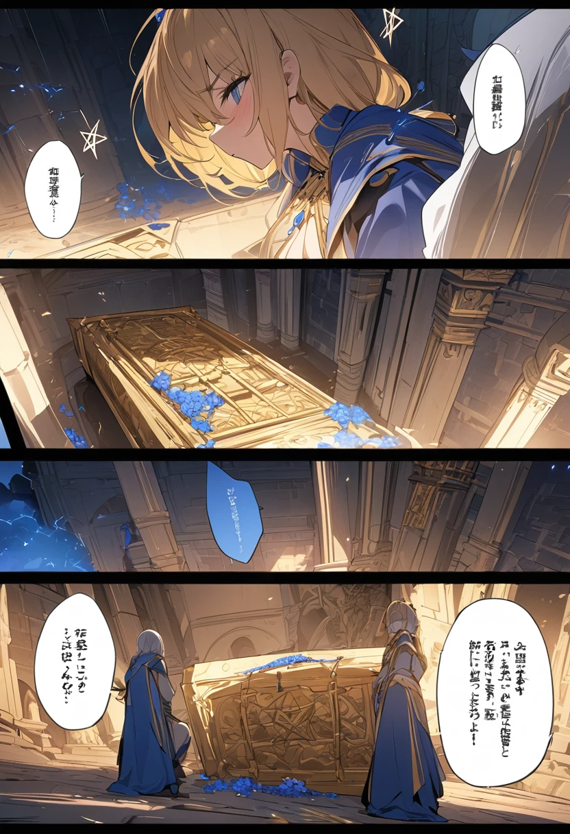 "((highest quality)), ((masterpiece)), (detailed), a tomb closed and sealed by blue chains and with some pentagram on the moon a high quality gold tomb Comic ebook storyboard three comic panels 4k