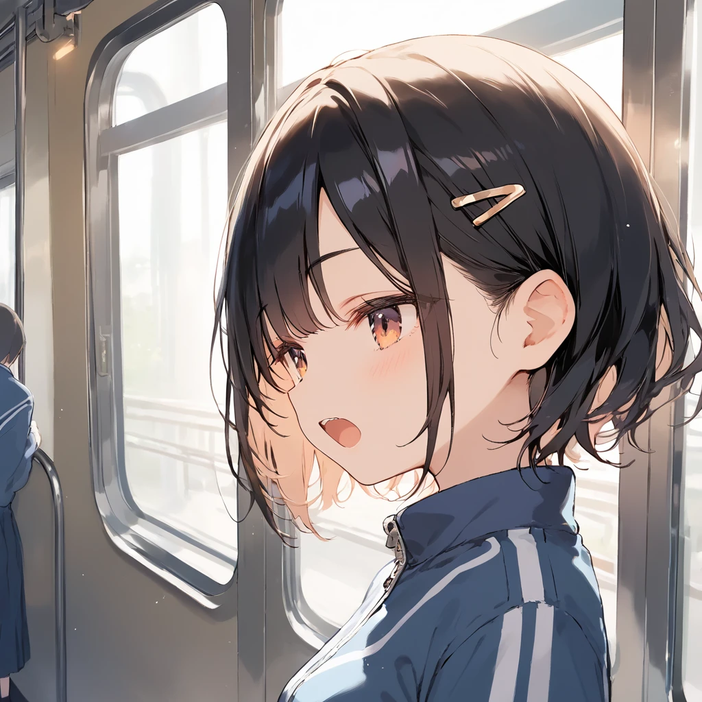 score_9, score_8_up, score_7_up, source_anime, best quality, masterpiece,official art, absurdres, highres, waifu2x, break,1girl, school girl, short hair, small breasts, beautiful detailed eyes,track suit, pleated skirt, open mouth, (yawn:0.3), sleepily, train, break,(clear line illustration:1.2),very high resolution, very aesthetic, super detailed skin, Best sexual lighting powered by famous artist, 8k,cute picture,beauty illustration,photoshop_(medium),,(Detailed Lighting)