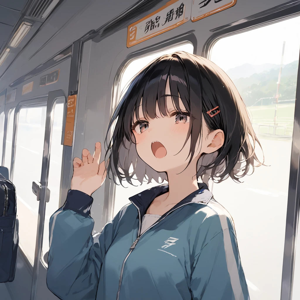 score_9, score_8_up, score_7_up, source_anime, best quality, masterpiece,official art, absurdres, highres, waifu2x, break,1girl, school girl, short hair, small breasts, beautiful detailed eyes,track suit, pleated skirt, open mouth, (yawn:0.3), sleepily, train, break,(clear line illustration:1.2),very high resolution, very aesthetic, super detailed skin, Best sexual lighting powered by famous artist, 8k,cute picture,beauty illustration,photoshop_(medium),,(Detailed Lighting)