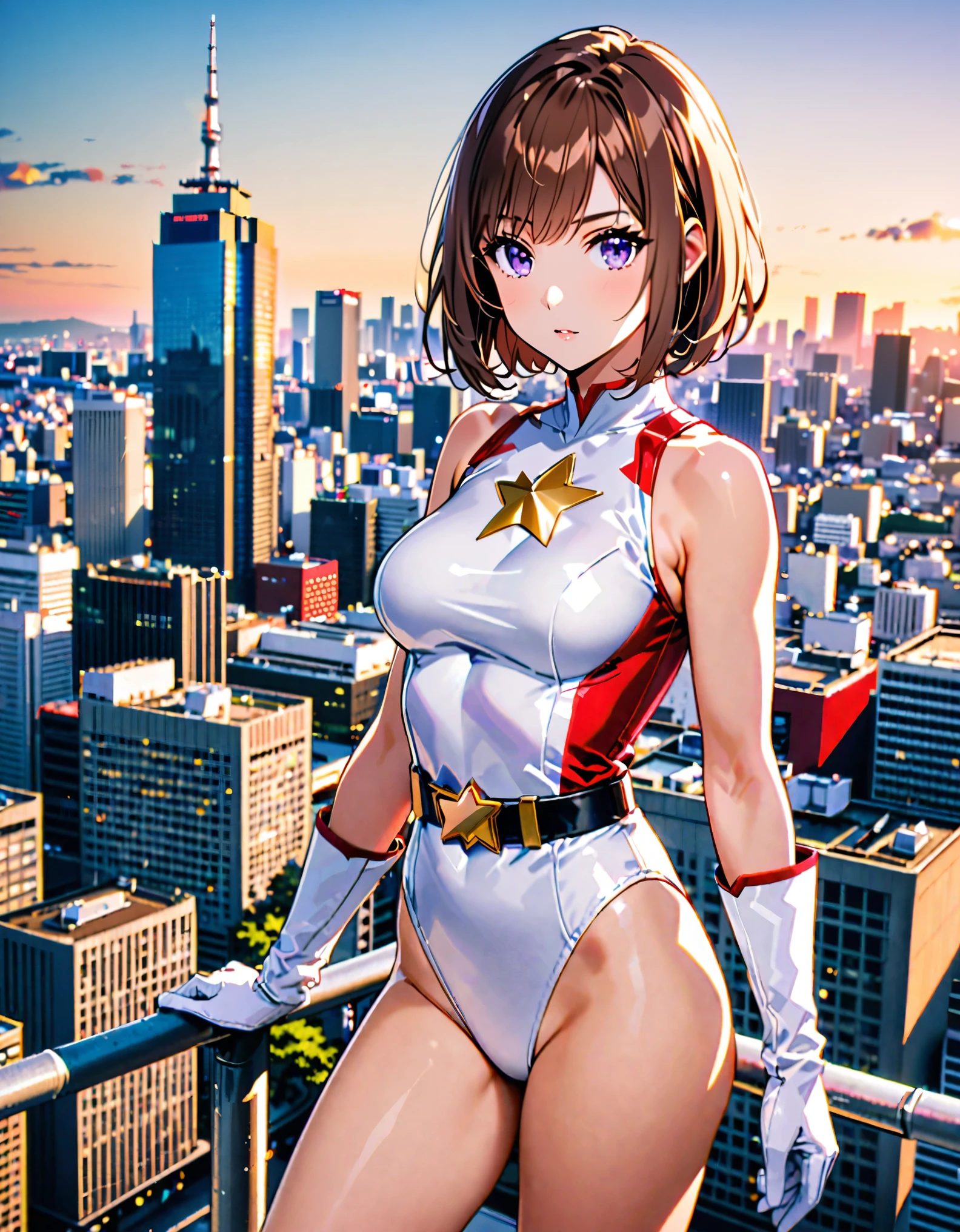 (masterpiece), (best quality), (high res), medium breasts, ((leotard, white and red leotard, matching leotard, sleeveless, bare legs)), ((tight belt, gold belt)), ((boots, matching boots, ankle-high boots, white boots)), ((gloves, white gloves)), city backdrop, tokyo city backdrop, solo, solo focus, standing, (full body), cowboy shot, superhero, ((beautiful detailed eyes)), ((gold star symbol on chest)), (brown hair, medium hair, bob hair, purple eyes), (perfect hands, perfect anatomy), cowboy shot, superhero, ((beautiful detailed eyes)), full body costume design.