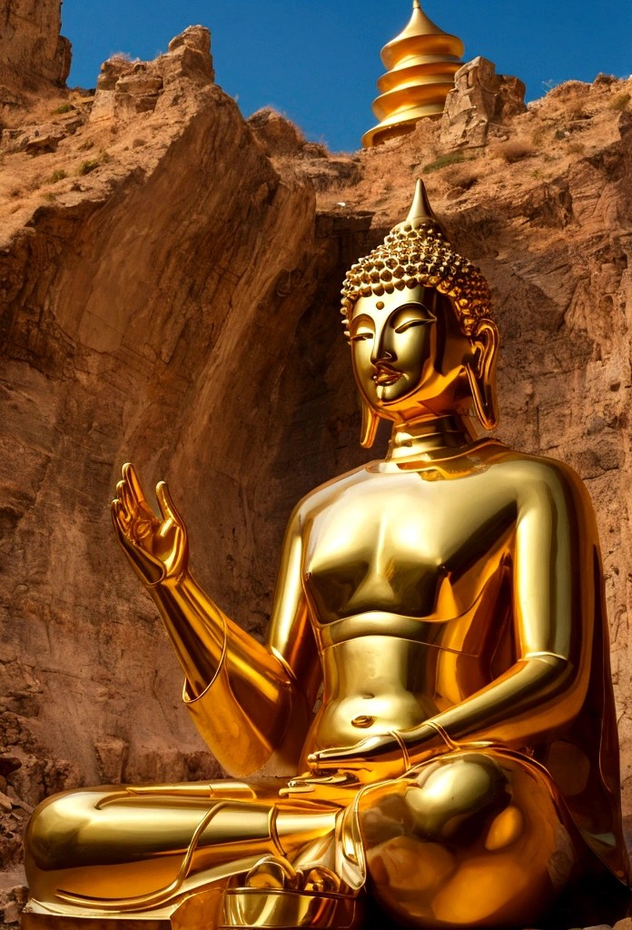A huge golden Buddha statue stands on top of a mountain,Pilgrims' Path,A light smile,Chinese style,In the distance, Surrealism, Stereogram, tachi-e, Atmospheric perspective, Hyper Photorealism, Cinema Lighting, Divine Light, Super detailed, Accurate, highest quality, masterpiece, 16k, Attention to detail, High resolution, Awards, Super detailed, Anatomically correct