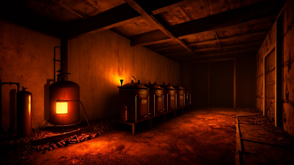 horror creepy boiler room, no lights, hyper realistic, horror, dark background, dark atmosphere, horror lighting, detailed, cinematic lighting
