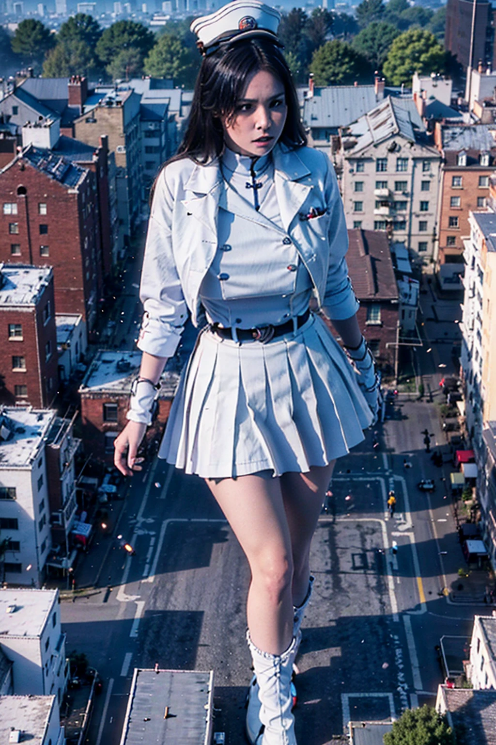 Giant maiden，der riese、Girl taller than the building，from below, round and large eyes、tallgts,giantess，Full body photo，BuildingSeat, white uniform，Big breasts，pencil skirts，，white boots，cleveage of the breast、a miniskirt、Modern miniature buildings、top-quality、Watercolor style、stom'