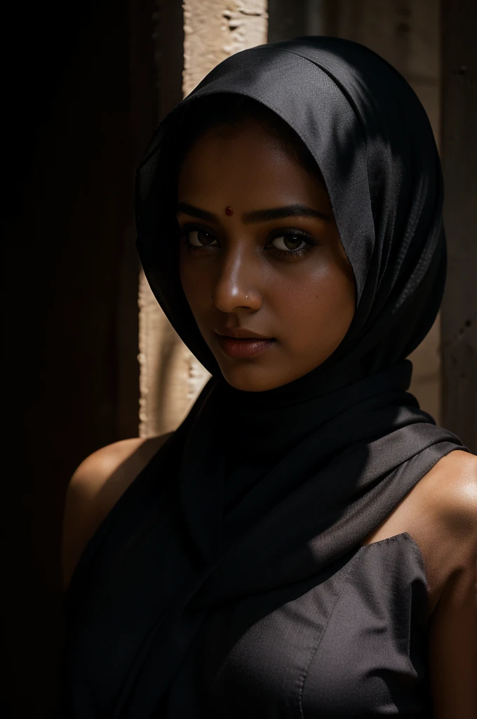 "Hijab, Best quality, masterpiece, ultra high res, (photorealistic:1.5), raw photo, 1girl, offshoulder, in the dark, deep shadow, low key, cold light, sexy look, ,"., Indian, brazilia