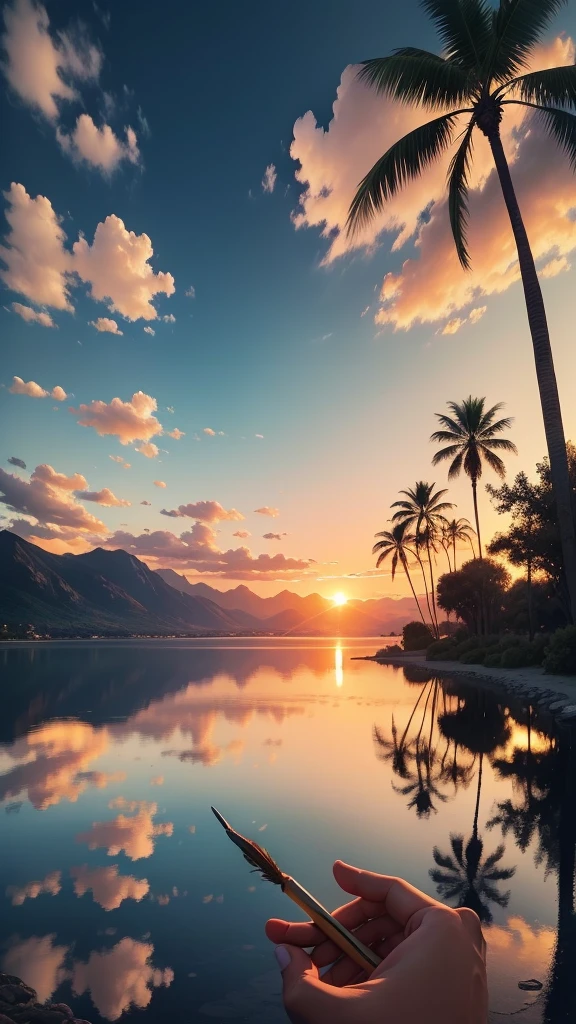 Palm tree in a reflective lake, sunset, mountains, ultra realistic, clouds in sky orange by sun, Cinematic painting Put your hand in holding a cannabis joint