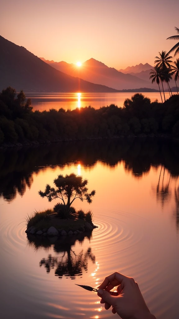 Palm tree in a reflective lake, sunset, mountains, ultra realistic, clouds in sky orange by sun, Cinematic painting Put your hand in holding a joint