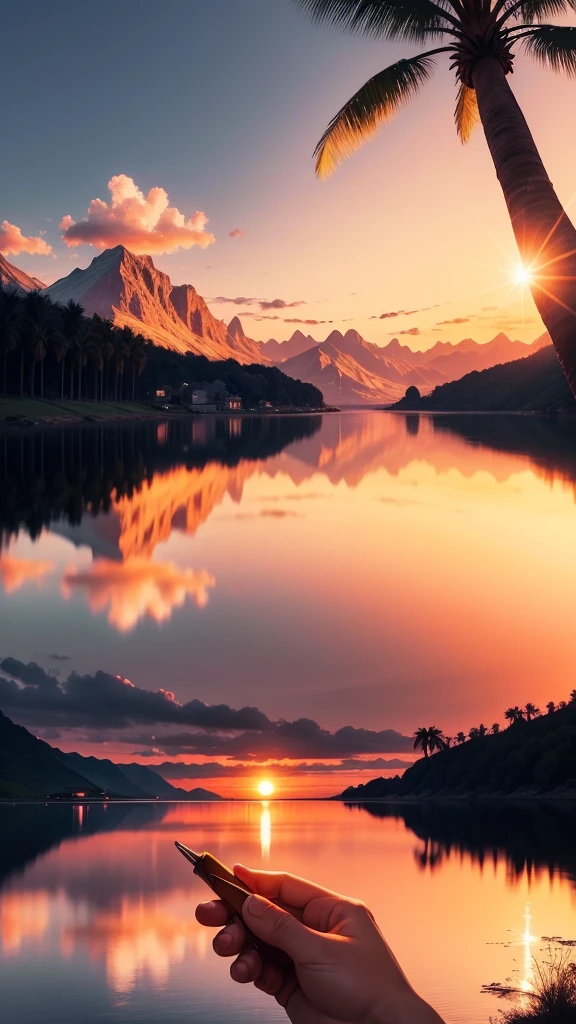 Palm tree in a reflective lake, sunset, mountains, ultra realistic, clouds in sky orange by sun, Cinematic painting Put your hand in holding a cannabis joint