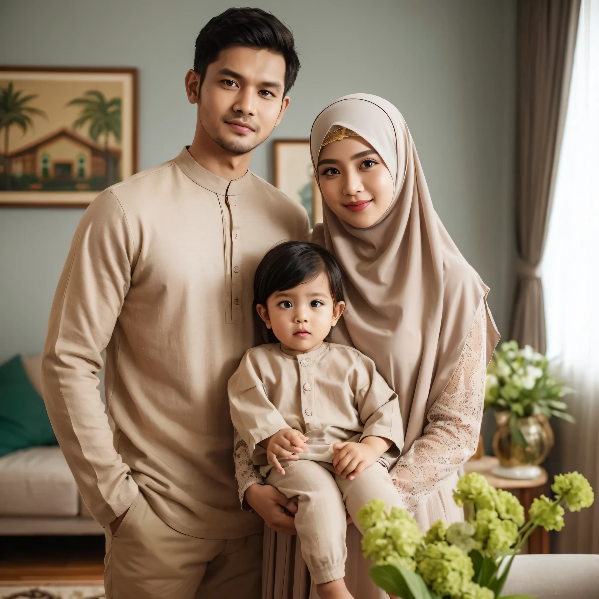 foto keluarga indonesia, tiga anggota, ayah dan ibu usia 30, anak laki laki usia 2 tahun, mereka kompak memakai baju muslim, warna krem muda dan longdress sharia warna yang sama dan selaras, berhijab, foto realistis, background ruang tamu, pencahayaan siang, vas bunga hijau, detail, best fotografi, uhd, 32k