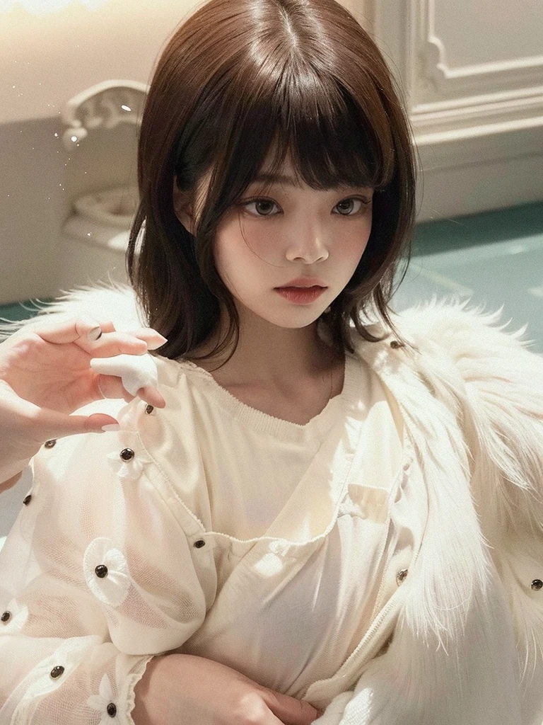 Jennie kim, cabello largo con fleco recto, labios canosos, Doll lips, ojos grandes, adorable, small nose, baby face, tierna, senos prominentes, cubiertos por un abrigo de peluche blanco, viendo al espectador