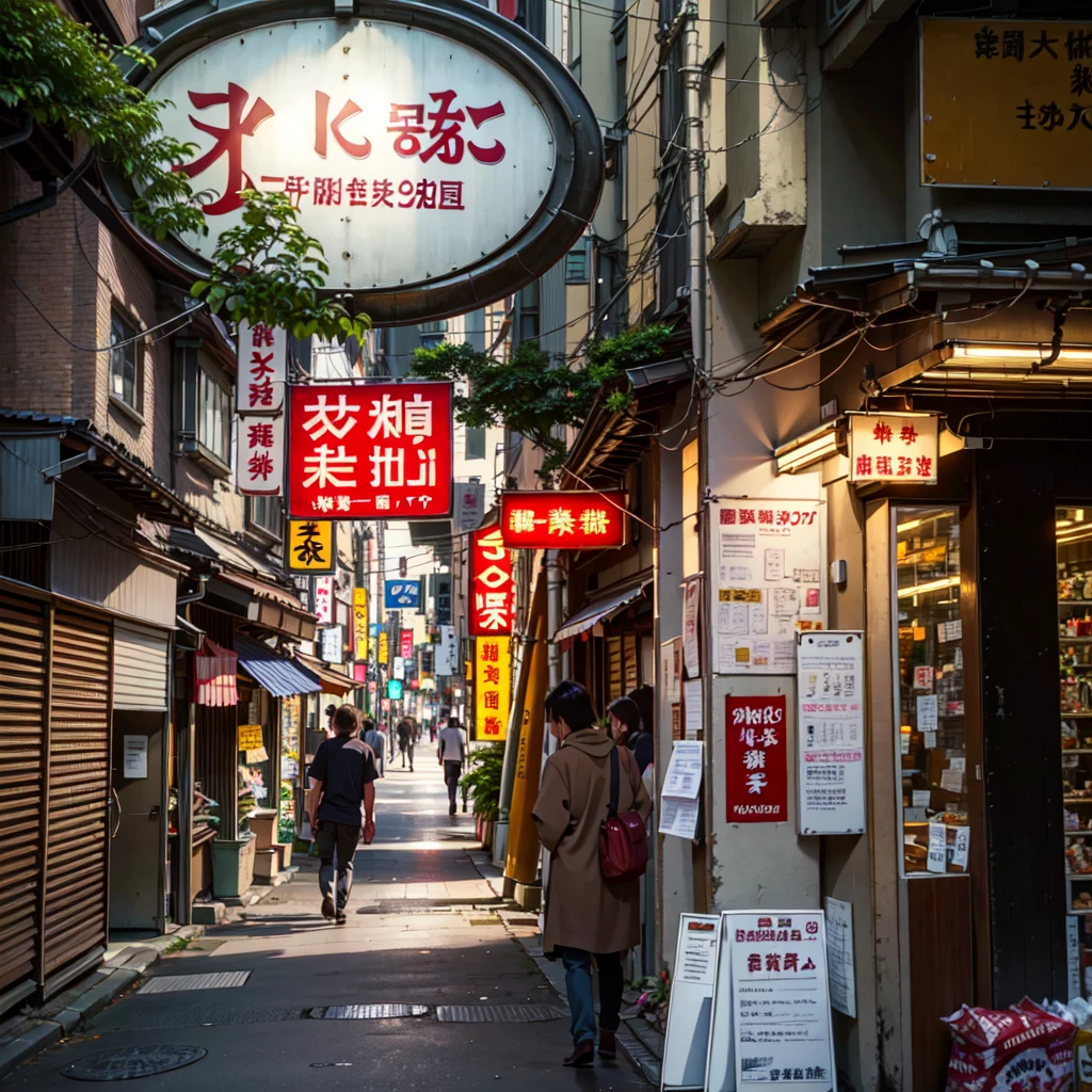 ((best quality)), ((masterpiece)), (detailed), there are many signs on the side of the building that read it all, tokyo alleyway, japanese street, cyberpunk streets in japan, japanese neon signs, in narrow tokyo alleyway, japan travel aesthetic, japanese downtown, tokyo izakaya scene, tokyo street, in the streets of tokyo, in a tokyo street, quiet tokyo alley at night, japanese city, tokyo japan