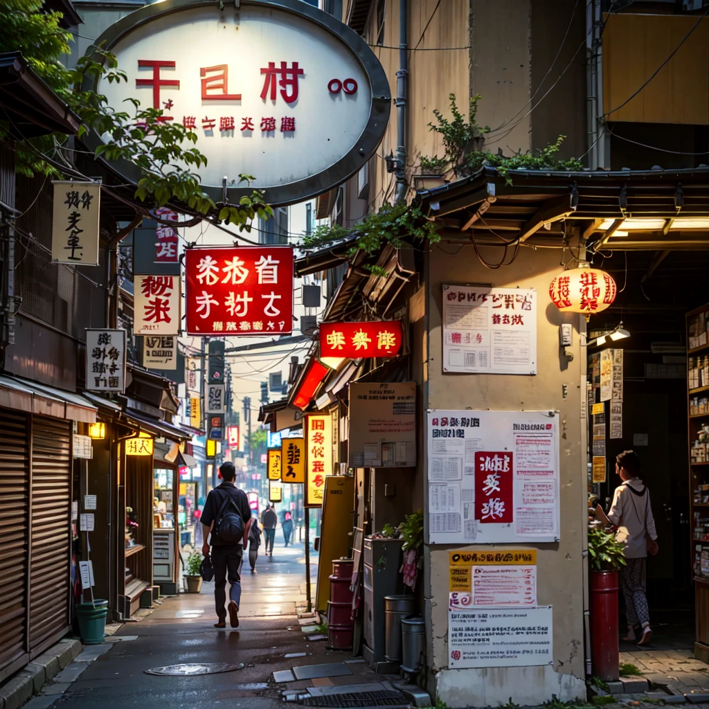 ((best quality)), ((masterpiece)), (detailed), there are many signs on the side of the building that read it all, tokyo alleyway, japanese street, cyberpunk streets in japan, japanese neon signs, in narrow tokyo alleyway, japan travel aesthetic, japanese downtown, tokyo izakaya scene, tokyo street, in the streets of tokyo, in a tokyo street, quiet tokyo alley at night, japanese city, tokyo japan