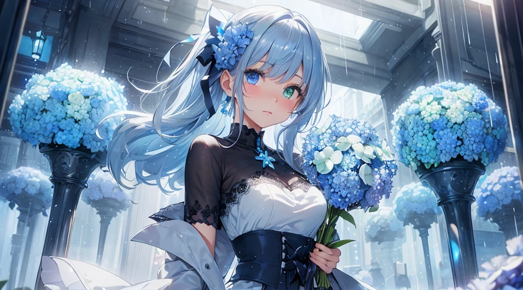 Best quality、Photorealistic、Ultra-detailed、delicate、Orderly、High Detail、Bluish Silver Short Bob、(Drooping heterochromia iris,glowing eyes、Sparkling Eyes:1.4)、slender、(One girl:1.2)、(Blue hydrangea、A girl holding a bouquet of hydrangeas、Girl in a dress、Girl wearing a coat:1.3)、rain、wet,Hair swaying in the wind、Particles of light、
