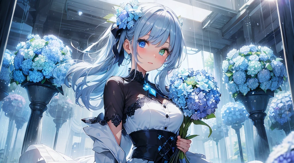 Best quality、Photorealistic、Ultra-detailed、delicate、Orderly、High Detail、Bluish Silver Short Bob、(Drooping heterochromia iris,glowing eyes、Sparkling Eyes:1.4)、slender、(One girl:1.2)、(Blue hydrangea、A girl holding a bouquet of hydrangeas、Girl in a dress、Girl wearing a coat:1.3)、rain、wet,Hair swaying in the wind、Particles of light、