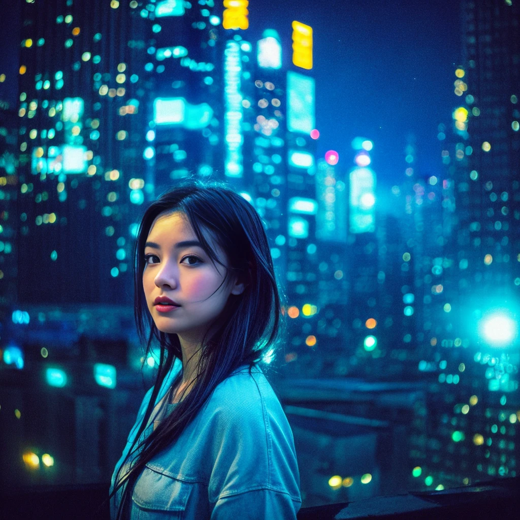 "Big city at night、A young woman wanders amongst the neon-lit skyscrapers。She has a vague facial contour.、Has a lonely look。Transparent bubbles float around the woman.、Each bubble seems to reflect her thoughts and dreams.。Starry sky spreads out in the background、The contrast between the hustle and bustle of the city and the quietness of it all is depicted.。The color scheme is based on cool blue and purple.、The bubbles and the woman are depicted as floating in a soft light.、Overall silence and solitude、It has a fantastical atmosphere that gives a sense of transience.。", High resolution, masterpiece, highest quality, Intricate details, Very detailed, Clear focus, Delicate skin, practical skin texture, texture, Delicate eyes, Professional, 4K, Shot with Canon, 85mm, Shallow and deep, Kodak Vision Color, Exactly, Very detailed, photograph_\(Extremist\), photographpractical, practical, Post-processing, Maximum details, Roughness, Real Life, Extremist practical, Photorealism, photographgraphy, 8K Ultra HD, photographgraphy