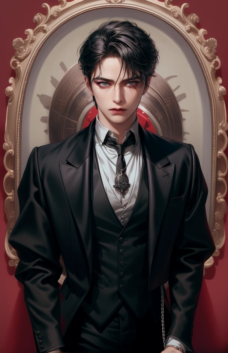 (masterpiece,best quality,ultra_detailed,highres,absurdres),1boy, male focus,solo, white hair,chain, shirt, black necktie, necktie, same colour eyes, upper body, vest, short hair, looking at viewer, parted lips, collared shirt, round eyewear, long sleeves, hand on own shoulder, black shirt, red background, brown vest, monocle, jewelry (looking away:1.2), beautiful detailed eyes, skeleton head pendant with silver chain, same face, black hair, same hairstyle, same outfit, black outfit