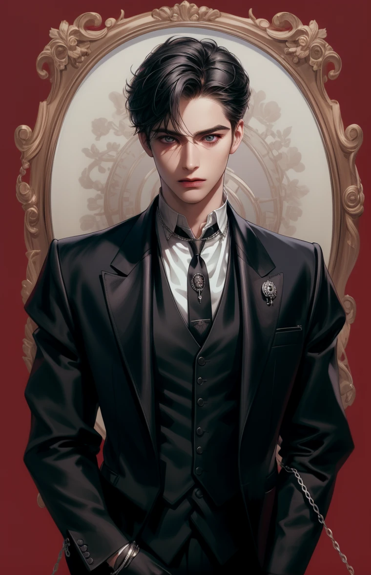 (masterpiece,best quality,ultra_detailed,highres,absurdres),1boy, male focus,solo, white hair,chain, shirt, black necktie, necktie, same colour eyes, upper body, vest, short hair, looking at viewer, parted lips, collared shirt, round eyewear, long sleeves, hand on own shoulder, black shirt, red background, brown vest, monocle, jewelry (looking  away:1.2), beautiful detailed eyes, skeleton head pendant with silver chain, same face, black hair, same hairstyle, same outfit, black outfit 