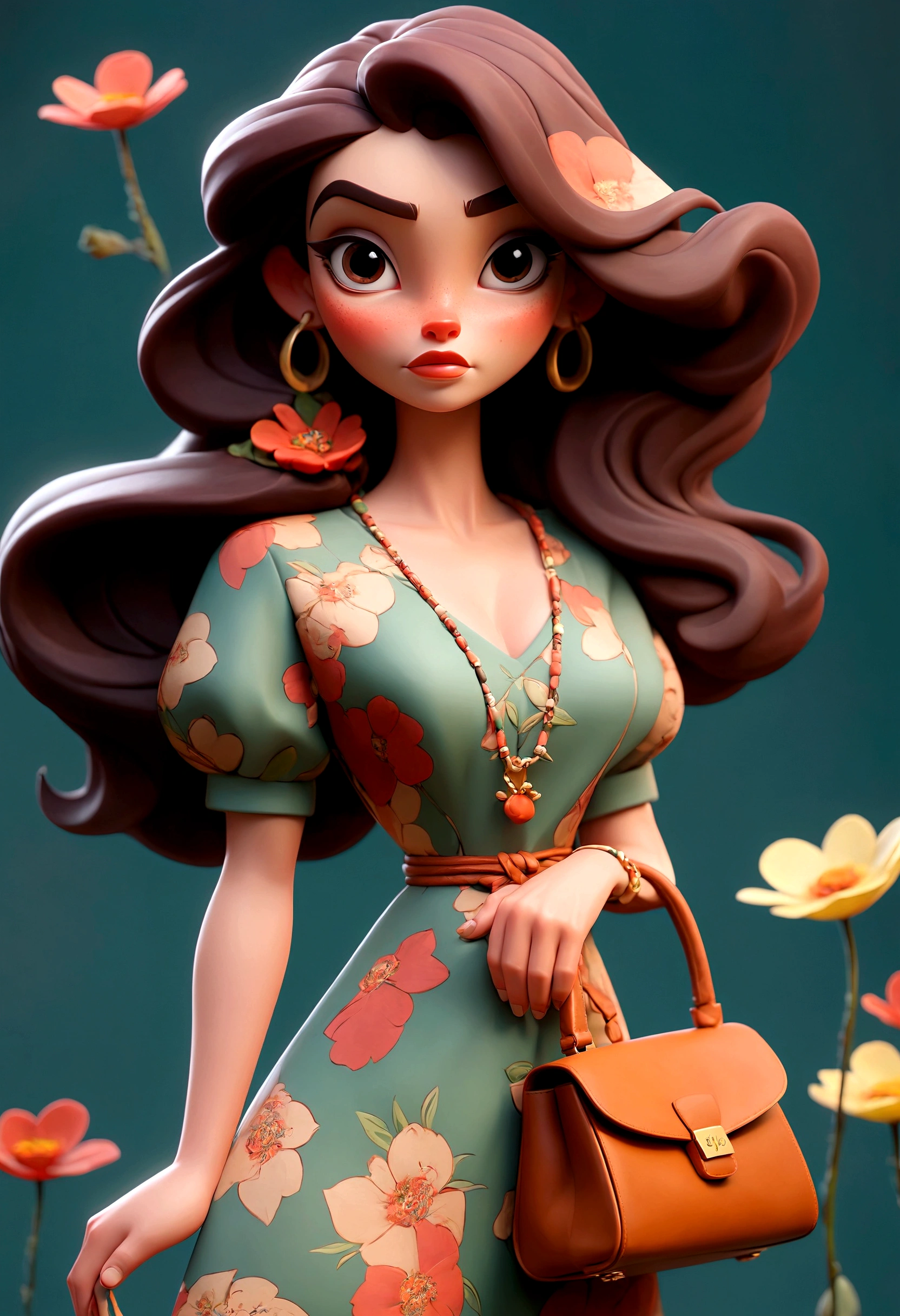 uma mulher sorrindo, with a floral dress and a bag in her right hand 