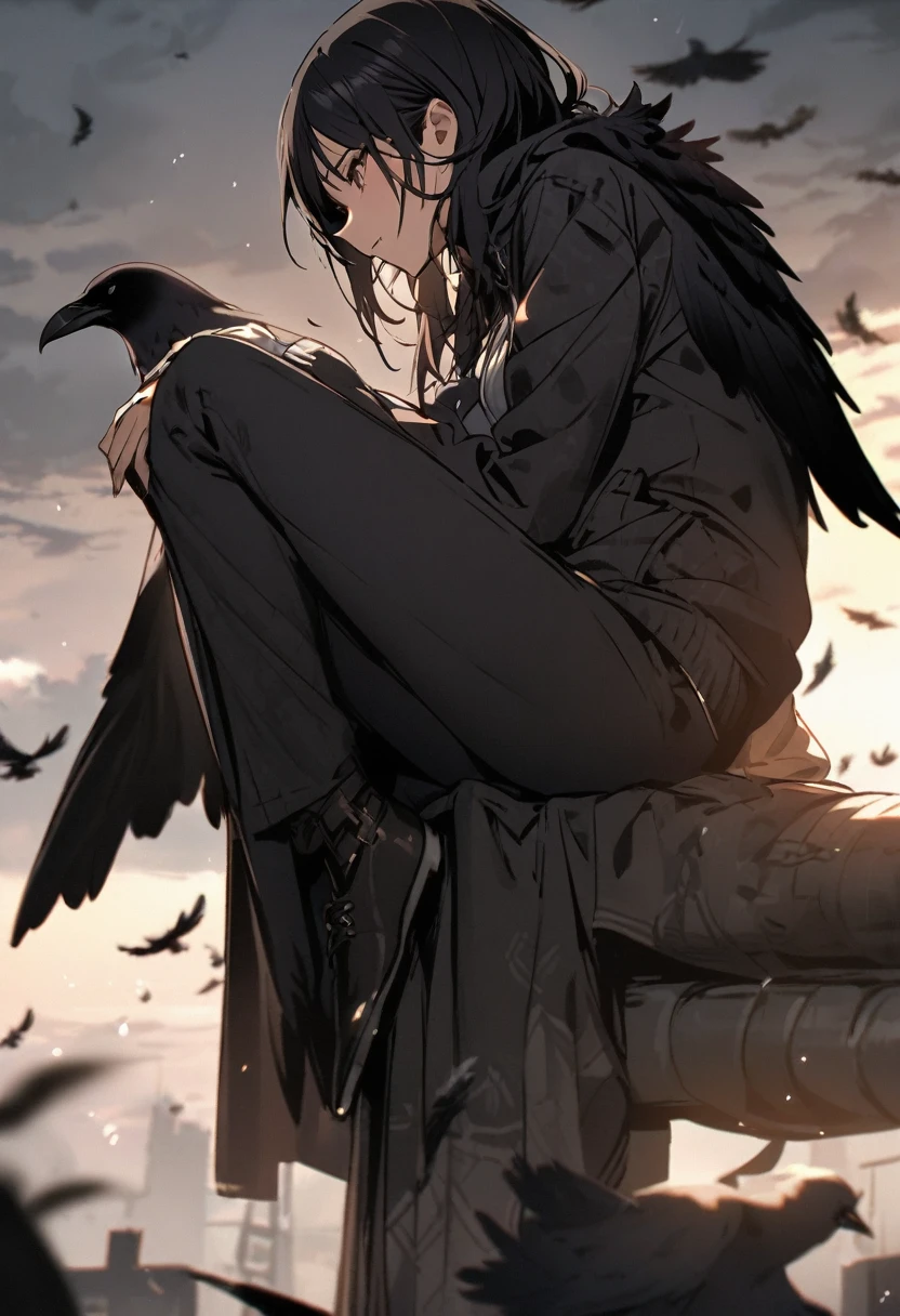Crow, Perched on the girl&#39;s shoulder, masterpiece, best quality, insanely detailed, Full-HD, 16K, absurdres, dynamic angle, gigantic scale, golden ratio, lens flare, pinhole camera, in focus with blurred background