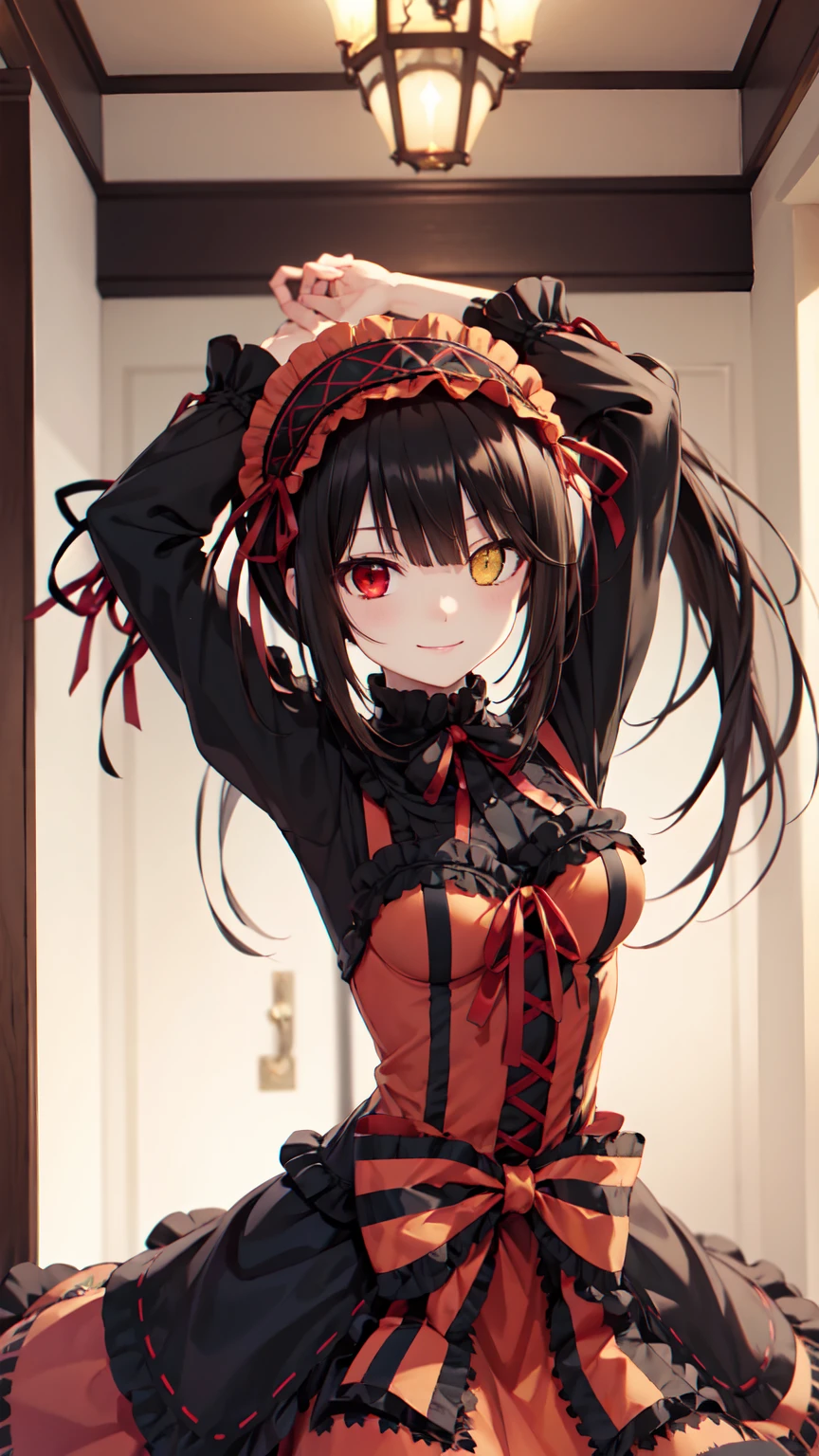masterpiece, The best quality、street、Put your arms behind your back、Black Hair, Long twin tails bunches, (Yellow eyes:1.2), Heterochromia iridum, (Red Eyes:1.2),Tokisaki Kurumi、Smile,Gothic Lolita Clothing Accessories、victorian maid tiara、Black Ribbon、Shut up、Gothic Lolita Clothing Accessories