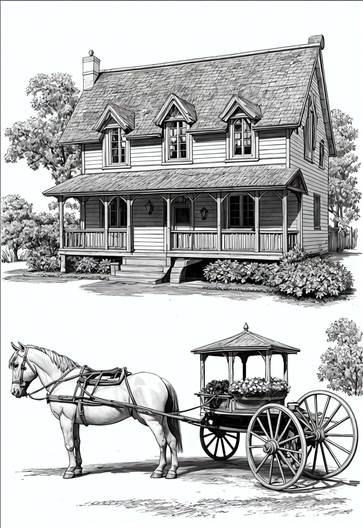 grey and white only, Book page coloring art, All-white background, Use only outlines, line art, coloring book, Clean line art, For coloring Simple and clean line art, coloring book page, perfect symmetric details, Countryside Inn: A cozy countryside inn with ivy growing up the walls, a sign hanging out front, a flower-filled garden, and a horse-drawn carriage waiting by the entrance.