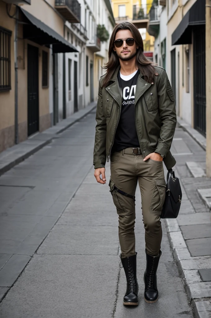 25 year old young man with somewhat long brown hair, unas gafas de snowboordin con birios separados, ojos verdes, camisa negra con una franja celeste ala altura del pecho, una chaqueta roja con una franja blanca orizontal en el ombro izquierdo y dos en las puntas de las mangas de cada braso de la chaqueta,  pantalones cargo de color gris oscuro y botas militares cafe oscuro.